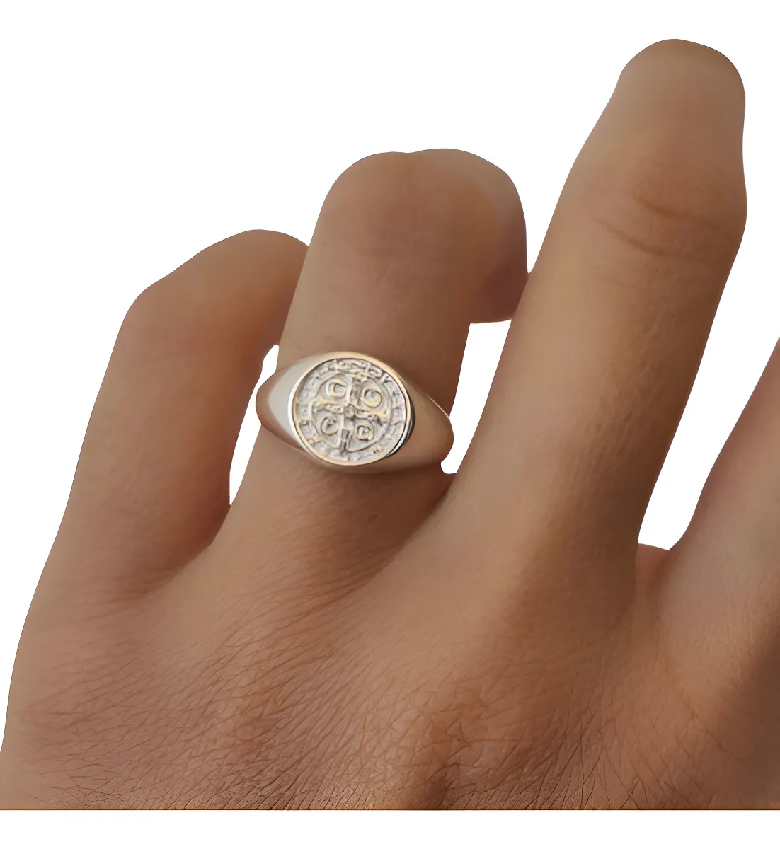 Anel Medalha De São Bento Prata 925 Sinete Redondo Delicado Tamanho 29